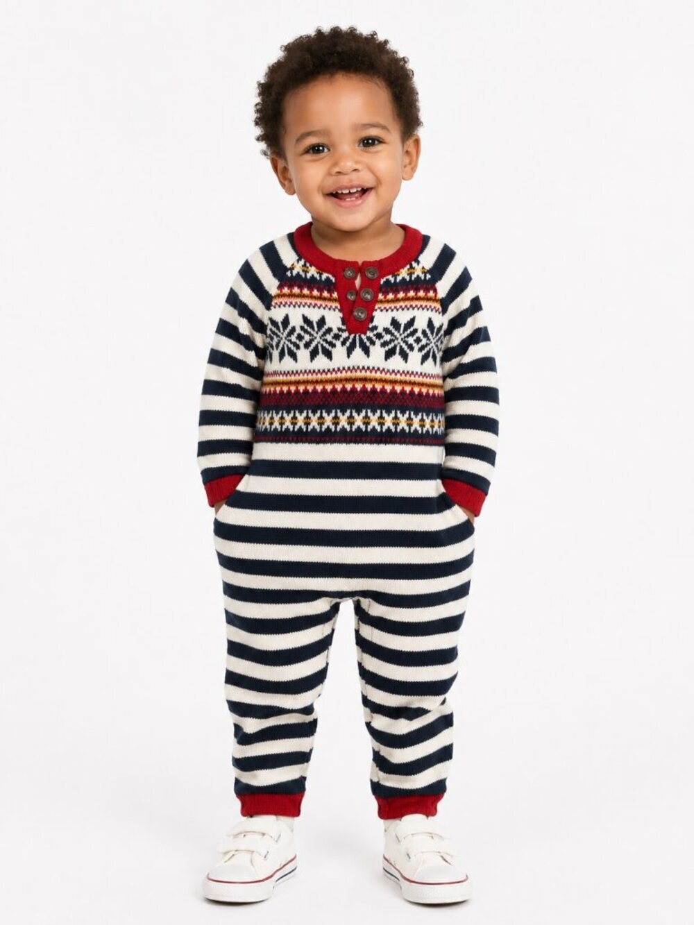 HANNA ANDERSSON Striped Fair Isle Print Knit One Piece Sweater Romper 24 Mos